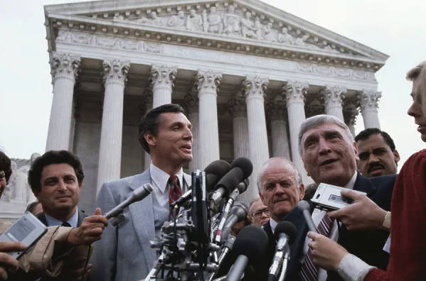 Bob Jones, Jr., and Bob Jones III, president of Bob Jones University, outside the U.S. Supreme Court during a tax exemption case.