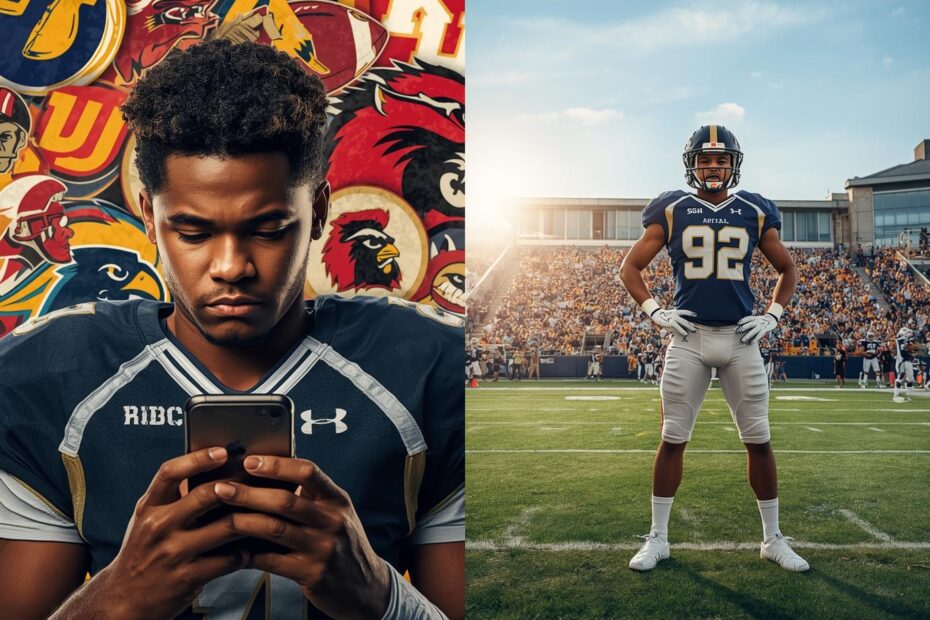 split screen image: left side shows high school athlete, a brown boy looking at smartphone with college football logos swirling around him, right side shows his as a college football player in a college football stadium