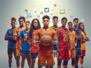 Diverse group of high school athletes (basketball, football, soccer) standing confidently with smartphones, social media icons, and brand partnership symbols floating around them