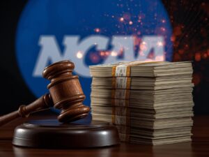 Courtroom gavel next to stacks of money and NCAA logo with digital revenue-sharing graphics overlay, professional editorial photography style